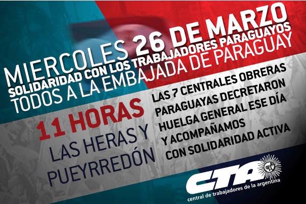 La CTA concentrará en la Embajada de Paraguay en solidaridad con su pueblo