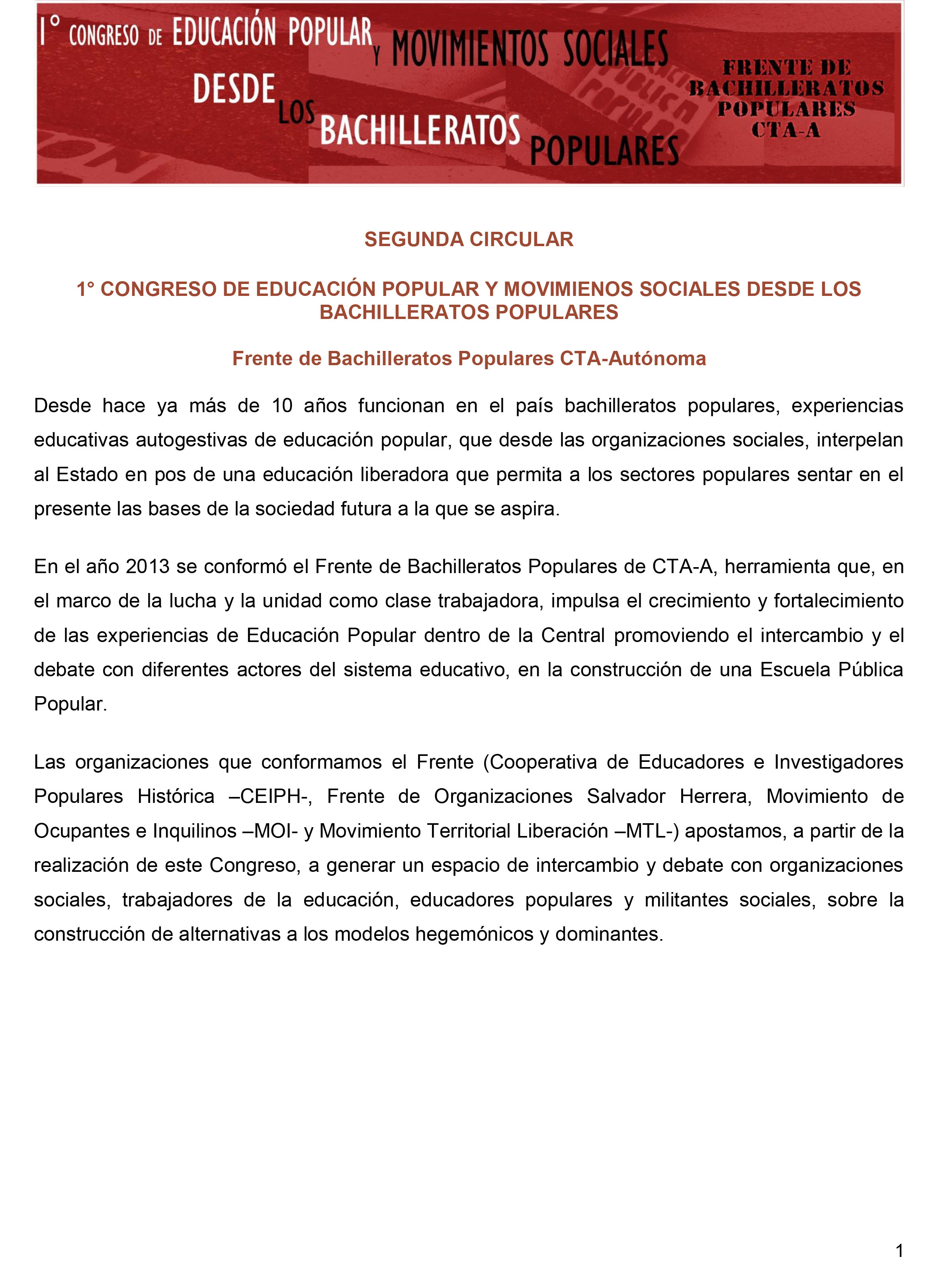 Comienza hoy el Primer Congreso de Educación Popular y Movimientos Sociales